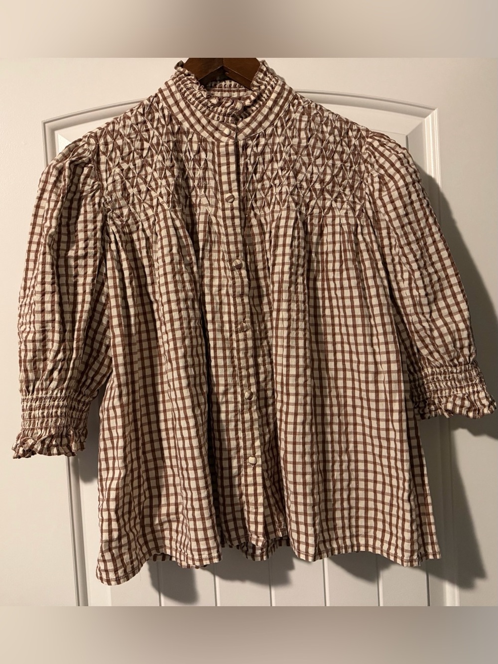 Saule Parc Nelle Top in Chocolate
Gingham Smocked